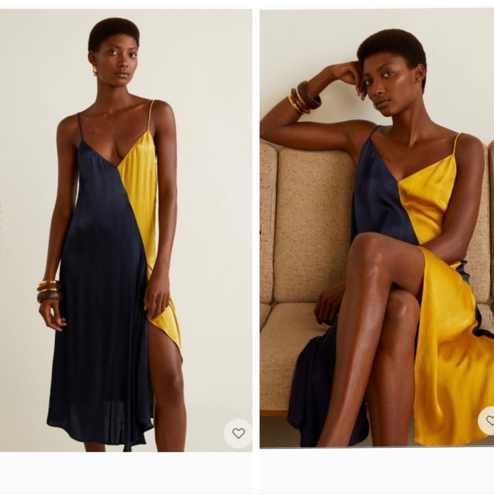 NWT MANGO Blue & Yellow Satin Dress Size M